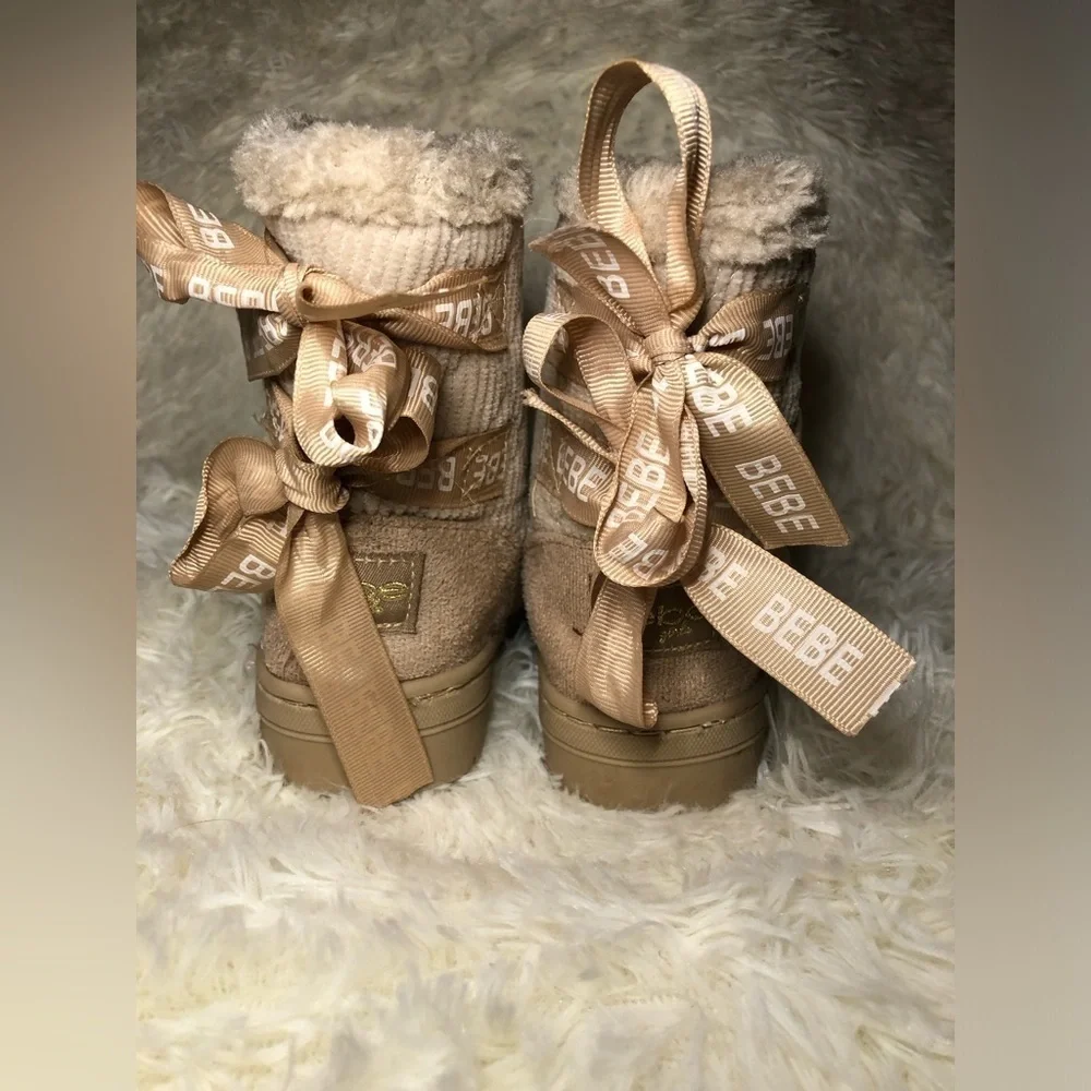 Bebe Kids Beige Boots with Logo Ribbon